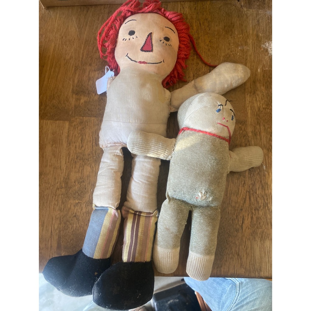 Vintage Handmade Raggedy Ann Cloth Doll and Primitive Sock Doll Folk‎ Art Set 2